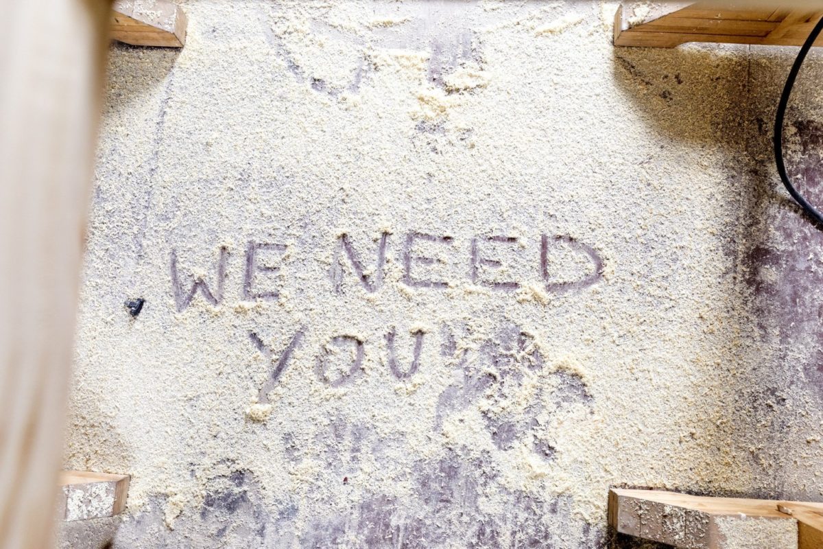 WE NEED YOU (mit dem Finger in Sägespäne geschrieben)